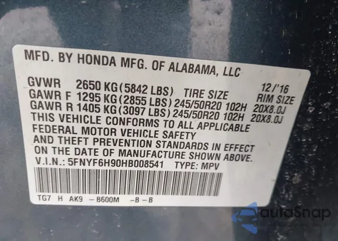 2017 Honda Pilot Touring из США, поврежденный, VIN 5FNYF6H90HB008541